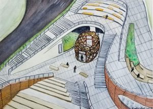 A drawn rendering of MTK Matriarchs' design for a large woven sculpture planned to sit at hte center of Overlook Walk. It is meant to reflect Indigenous weaving practices. 