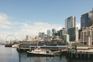A view of downtown Seattle from Colman Dock, with the fire boat in the foreground