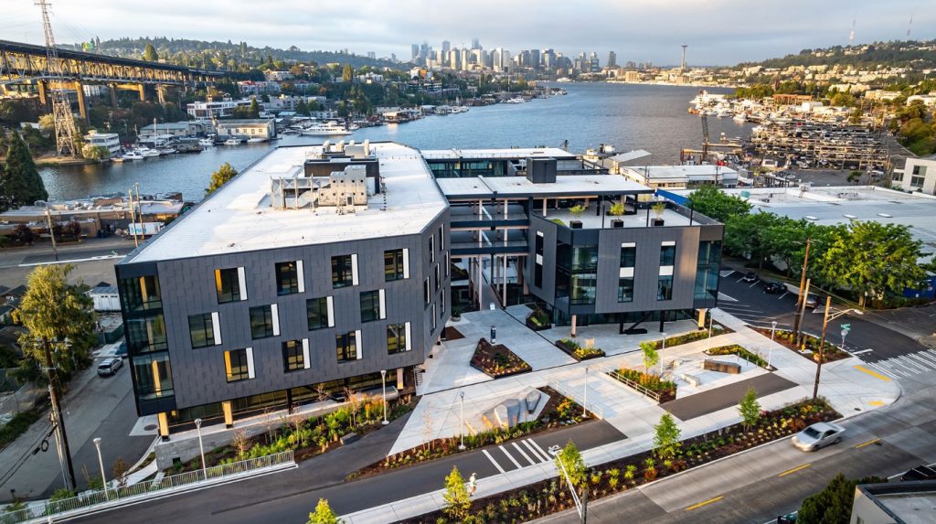 Northlake Commons - Weber Thompson A view of Northlake Commons with Lake Union and downtown Seattle in the background