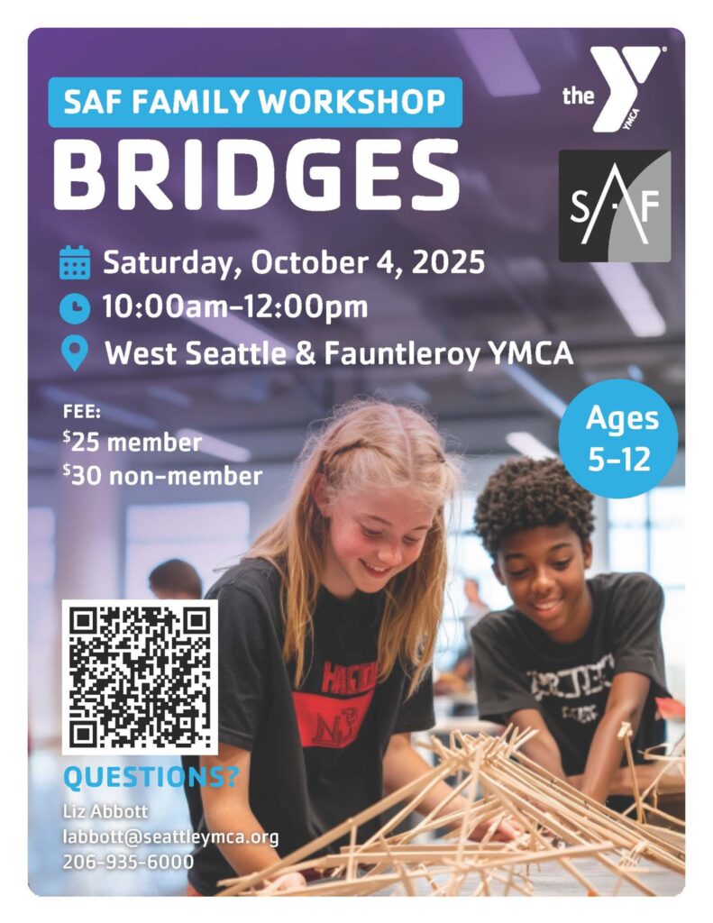 A flyer with two youth building a wooden structure and the title "Bridges"