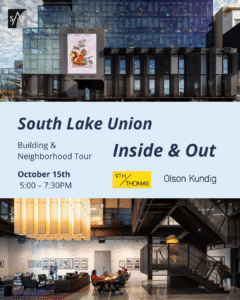 Digital graphic with interior and exterior photos of the 9th & Thomas building with the program title in bold letters. 