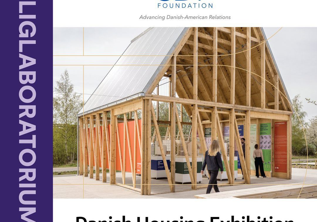 In the center of the image is a temporary wood frame structure with open sides. Inside the structure are architectural models. the Scan Design Foundation logo is above, and below is the text "Danish Housing Panel: Nordic-inspired sustainable living." Along the left side of the graphic is a purple column with the text "Boliglaboratorium" and the University of Washington logo.