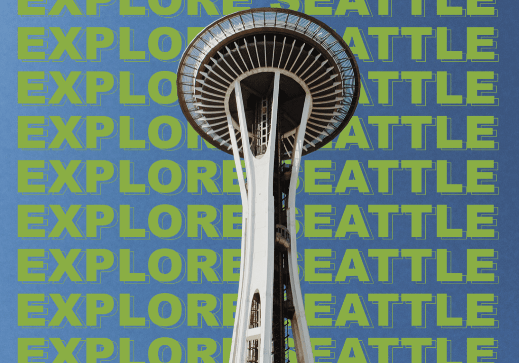 Seattle's Space Needle with overlapping green text "EXPLORE SEATTLE." Bottom text promotes Seattle Architecture Foundation tours every Saturday, 10 AM to 12 PM.